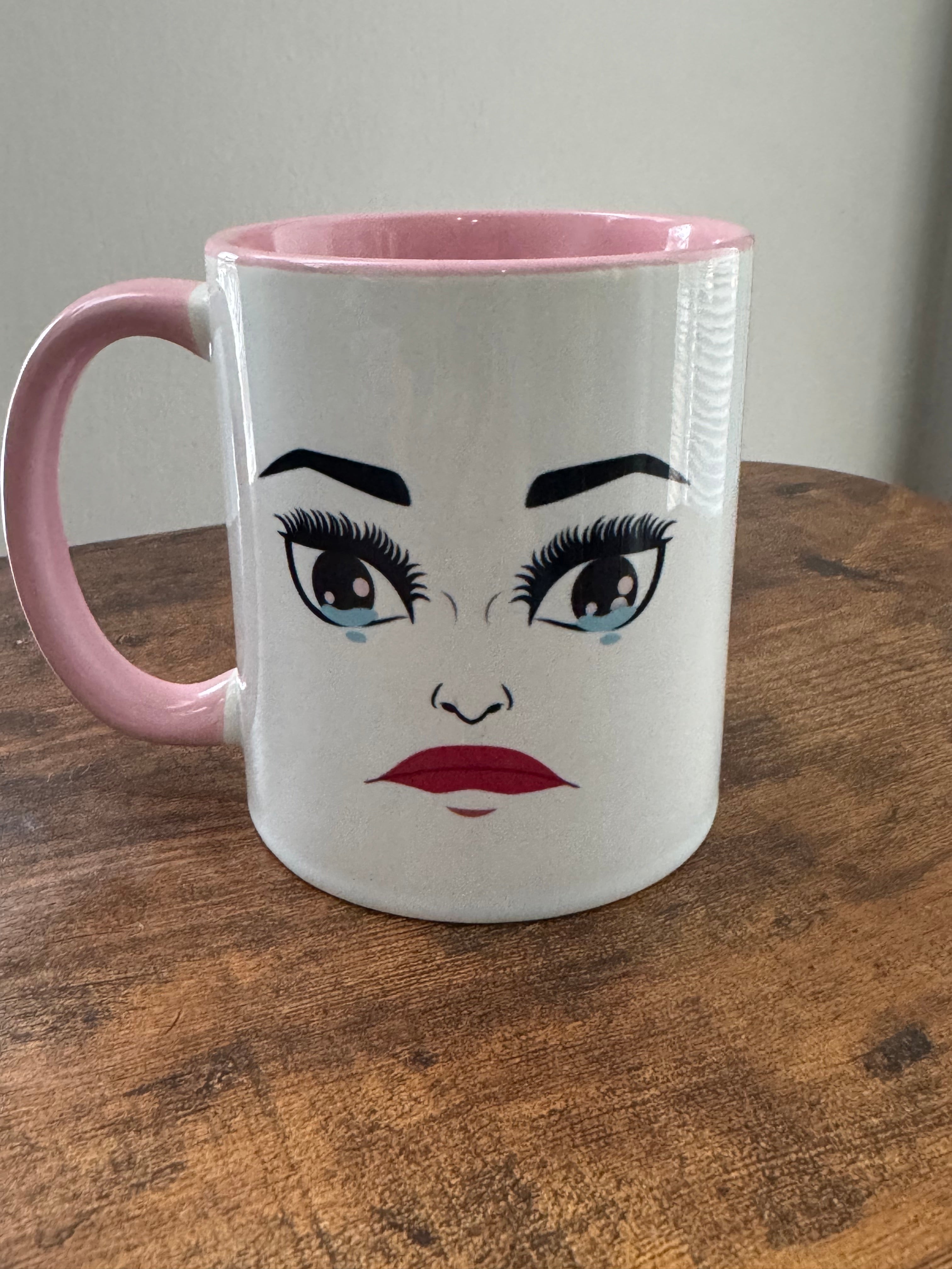 MoodieTudes™ Everything Makes Me Cry mug with pink handle and interior, front face design