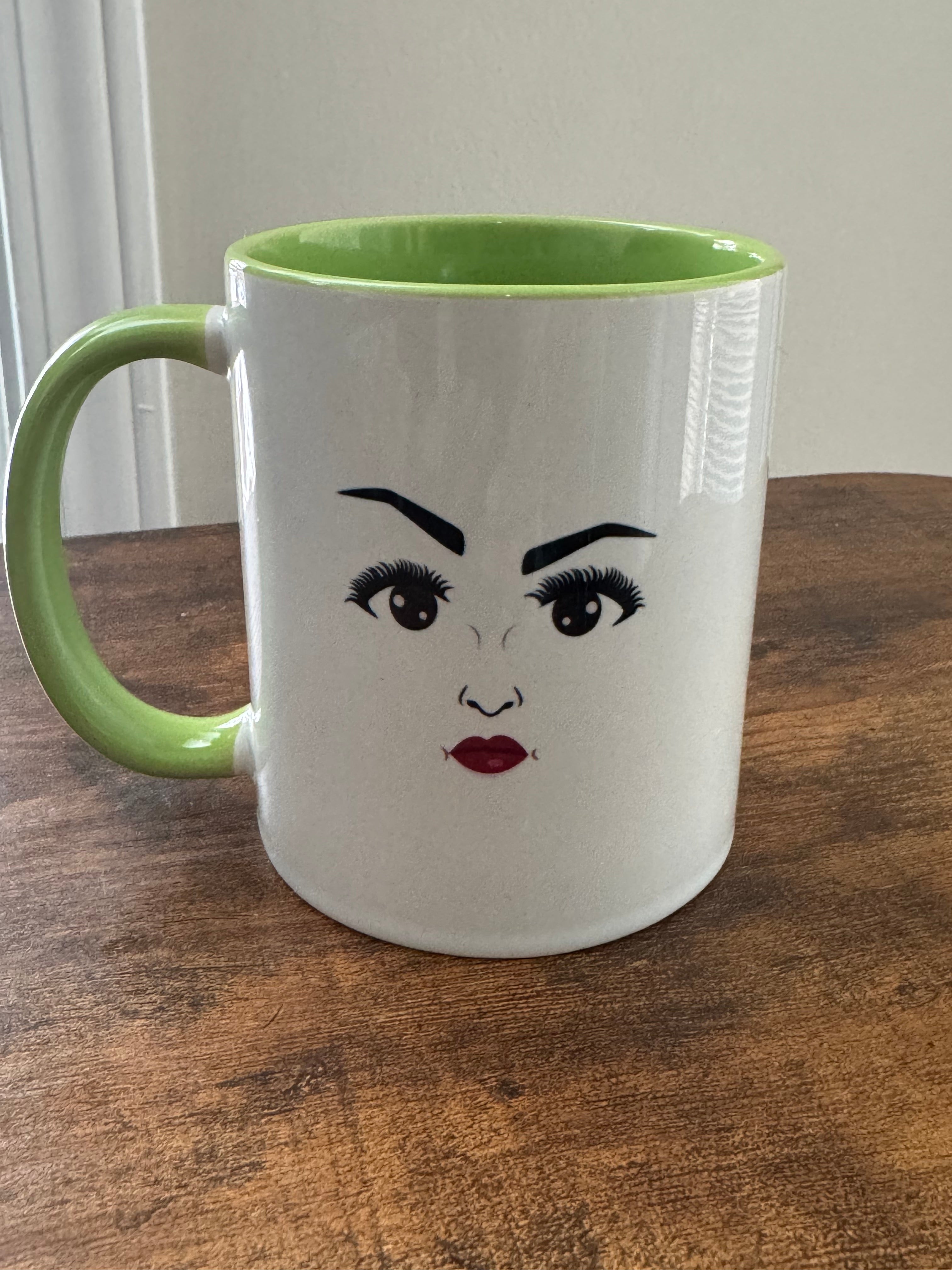 MoodieTudes™ Say Less mug with green handle and interior, front face design