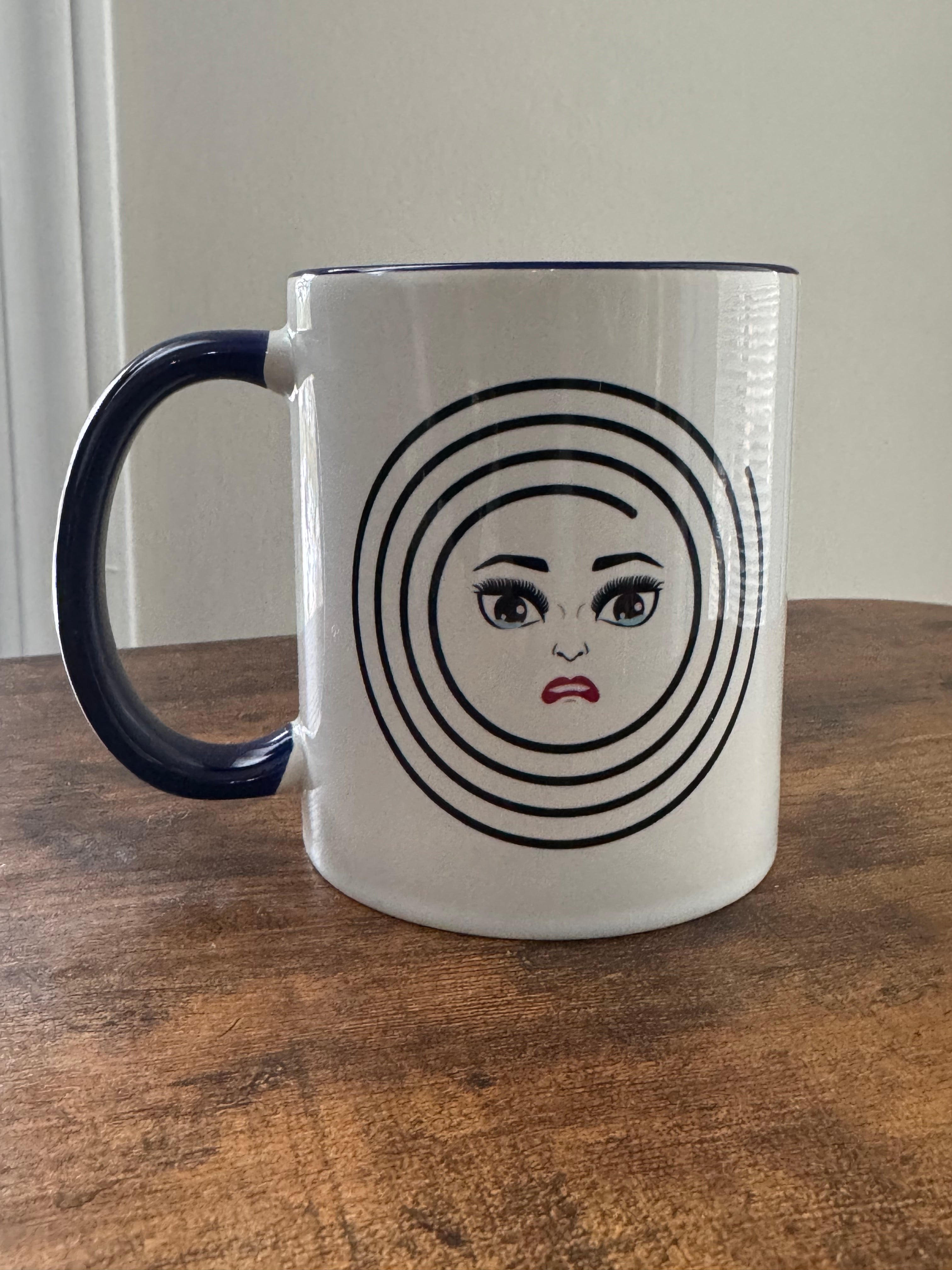 MoodieTudes™ I Want To Run Away mug with navy blue handle and interior, lifestyle front face design