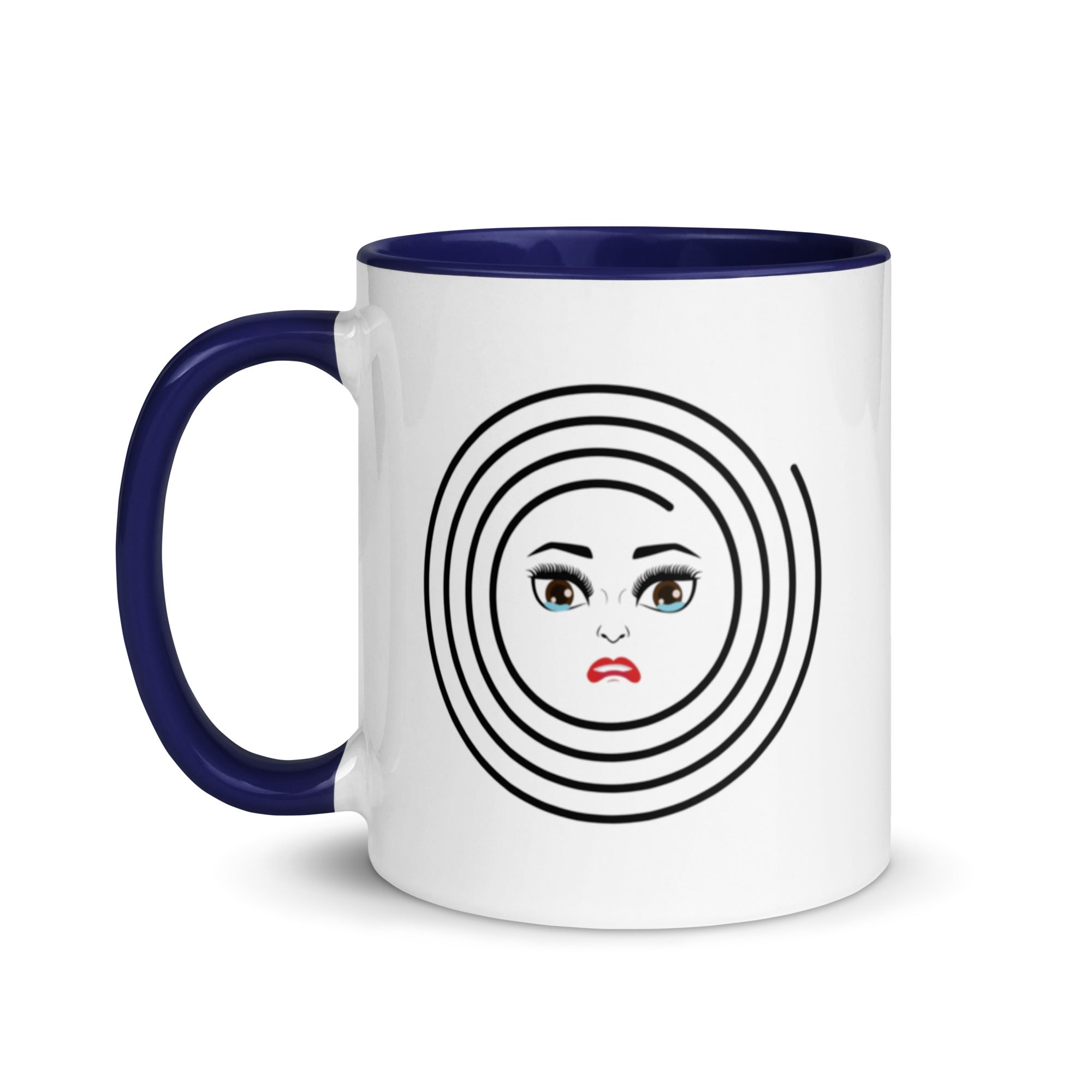 MoodieTudes™ I Want To Run Away mug with navy blue handle and interior, front face design