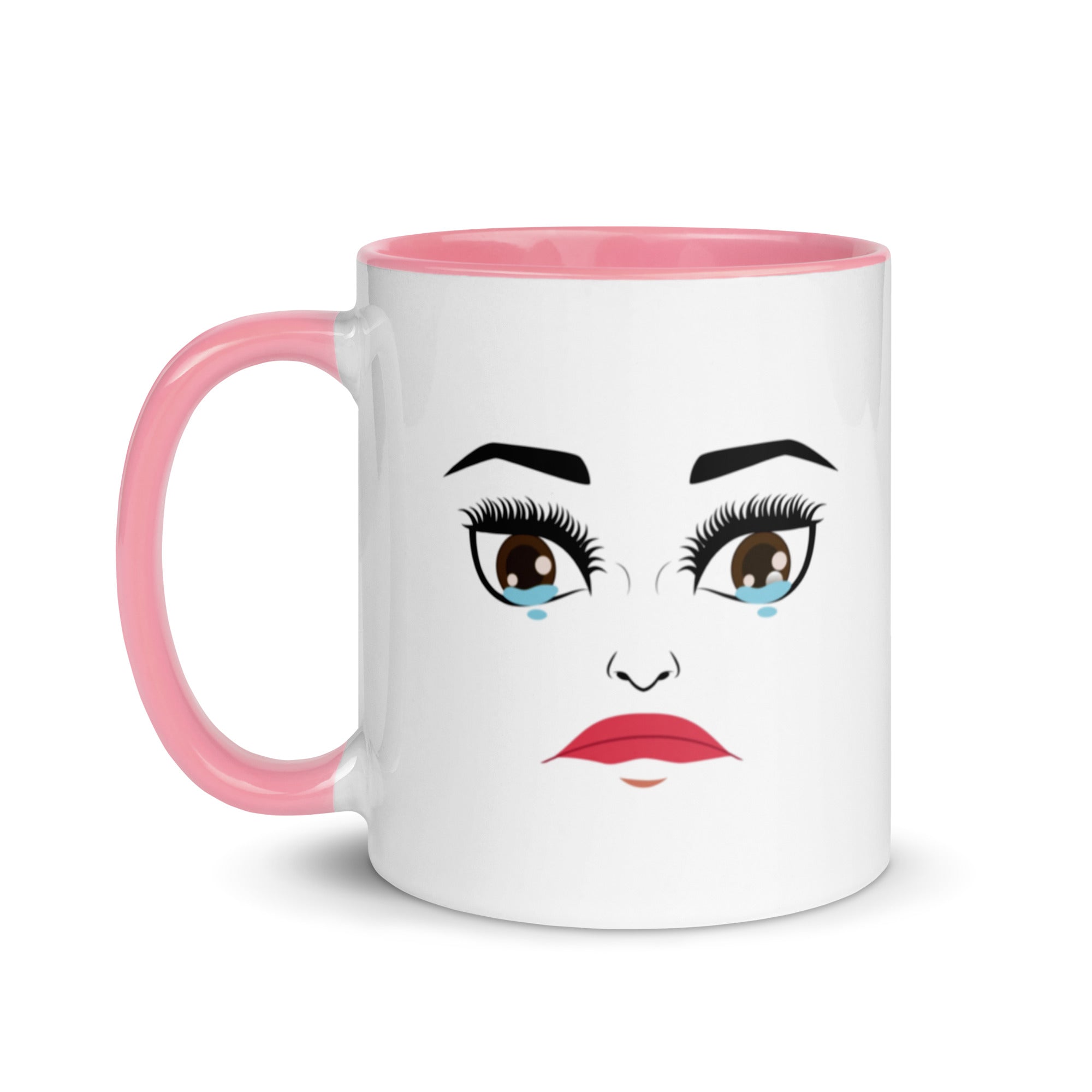 MoodieTudes™ Everything Makes Me Cry mug with white background, pink handle.