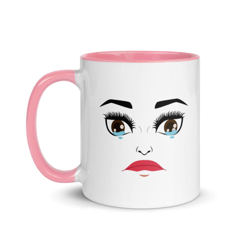 MoodieTudes™ Everything Makes Me Cry mug with white background, pink handle.